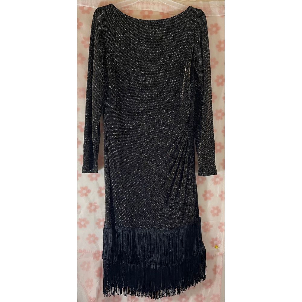 Lauren Ralph Lauren Black Glitter Fringe Long Sleeve Dress